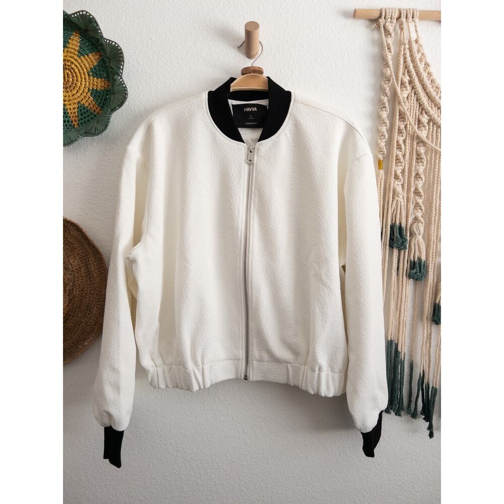 HAVVA White Black Zip Up Textured Bomber Jacket Large